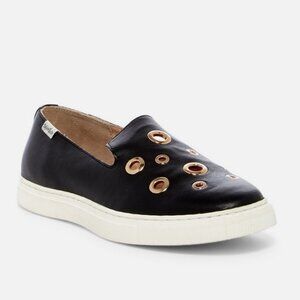 Sylvia Noster Smoking Black Leather Gold Grommet Slip On Sneakers